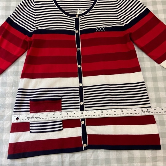 MARIE-CLAIRE nautical cardigan navy blue white striped red knit Large coastal - Picture 9 of 13